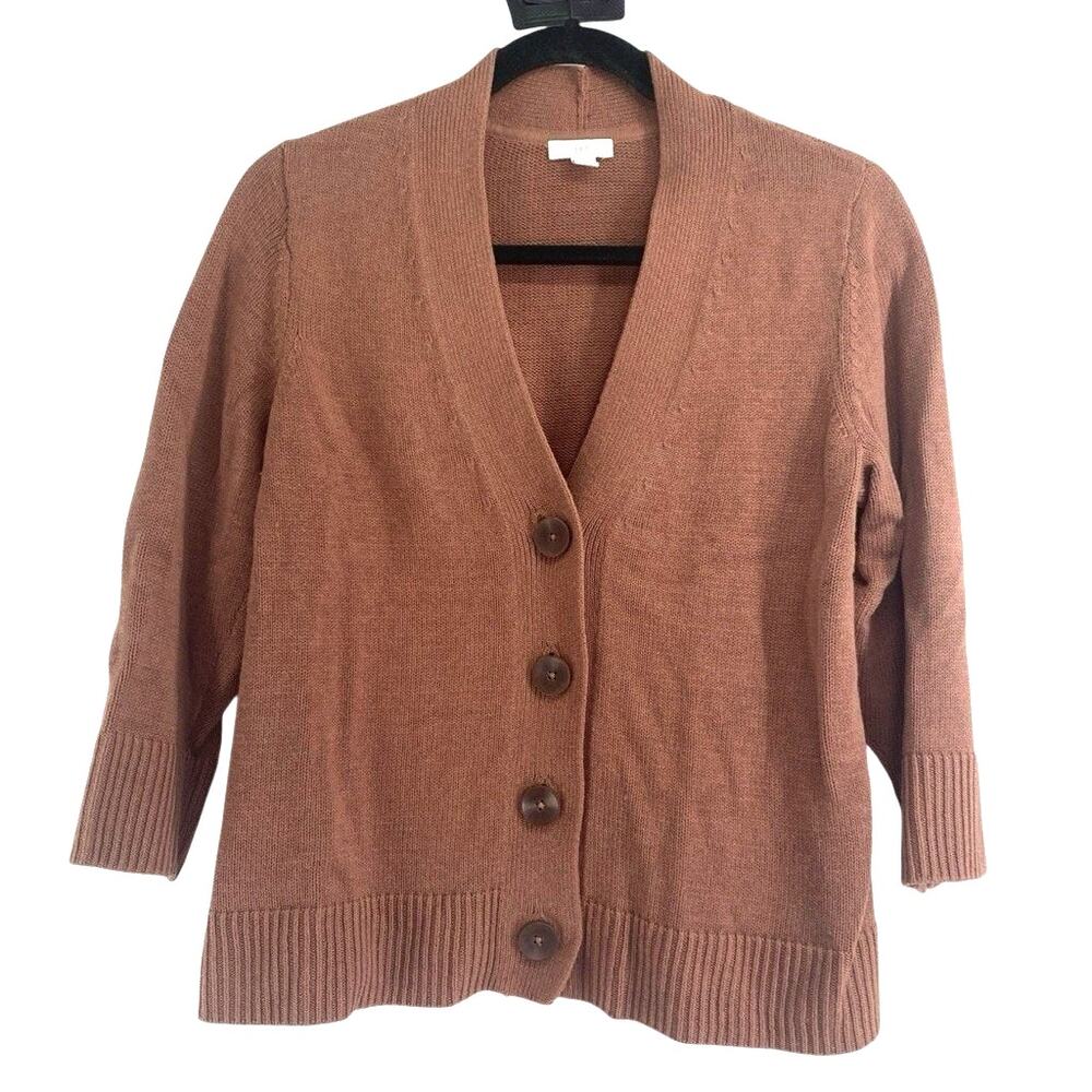 J Jill Sweater Cardigan Women's Small Light Brown Button Front V Neck 3/4 Sleeve
